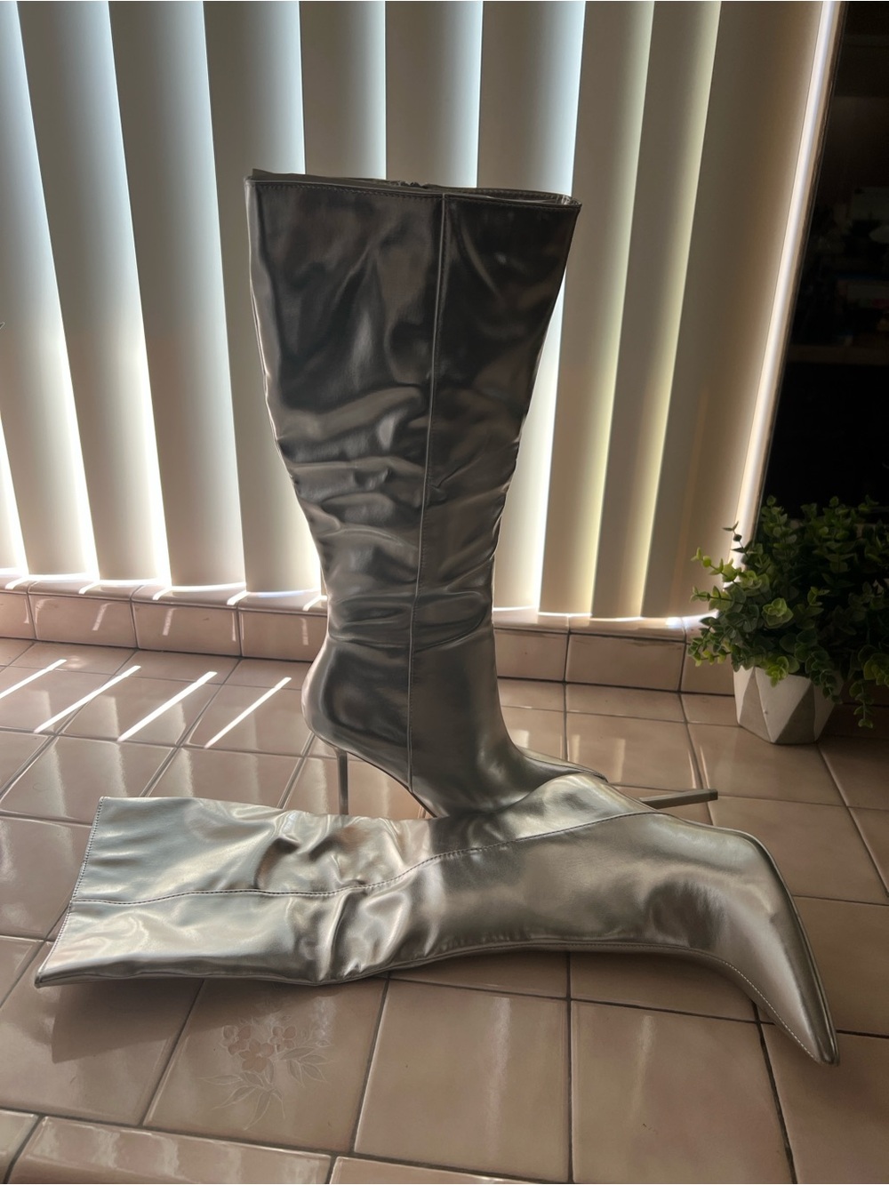 Women’s Silver Mid-Calf Pointed Toe Stiletto Boots